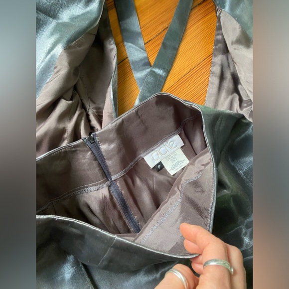 Vtg 90s Cache cosmic metallic silver gray Satin Blazer cutout back Skirt Set - Picture 12 of 14